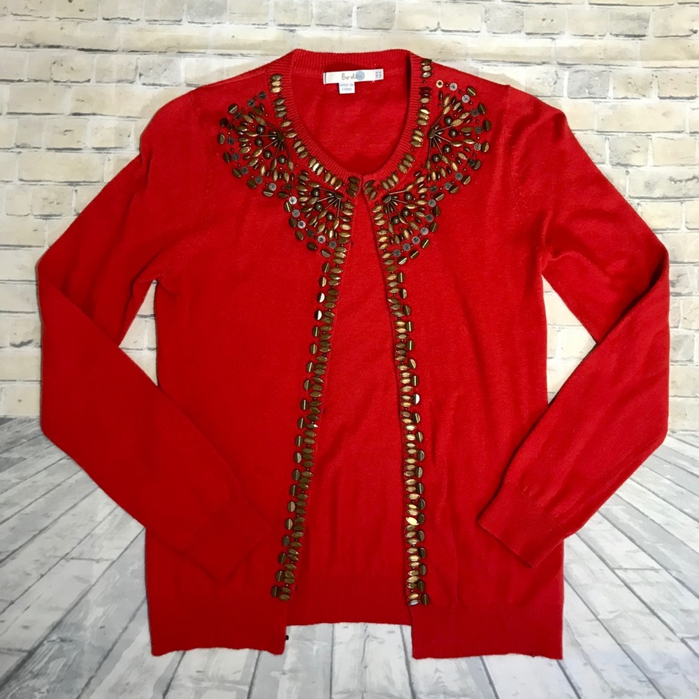 Boden Red Orange Embellished Cashmere Cardigan